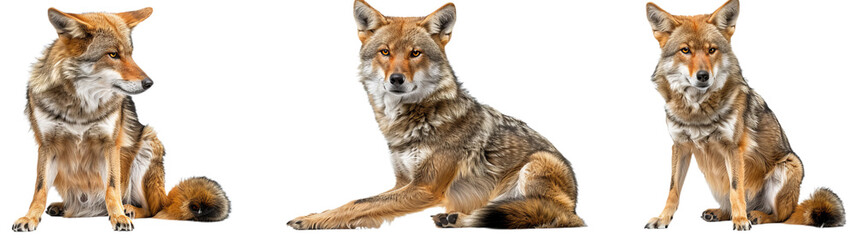 Three Coyotes Sitting on White Background