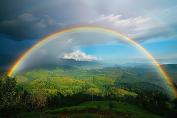 Fototapeta premium Generative ai on theme of beautiful tranquil landscape with magical bright rainbow at cloudy sky