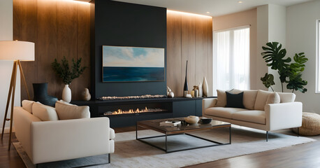 Fototapeta premium Enjoying a cozy night in a luxurious living room featuring a modern fireplace and large tv. The room is decorated in a minimalist style with neutral colors