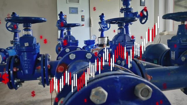 Rising prices of clean drinking potable water represented as a graph in front of water Pumping Station. 3D render