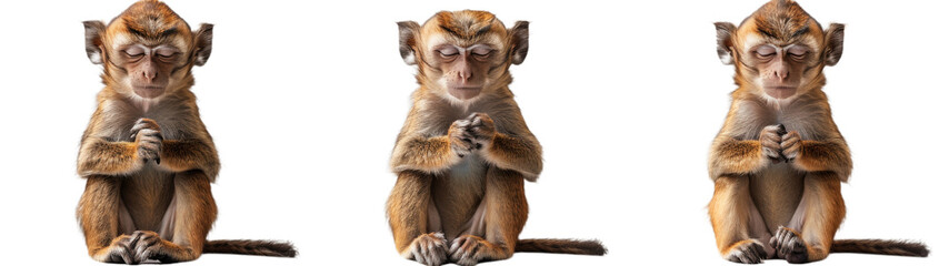 Three Young Macaques Sitting Calmly With Closed Eyes