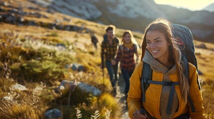 A cheerful group of young adults hiking in beautiful autumn nature, enjoying outdoor adventure