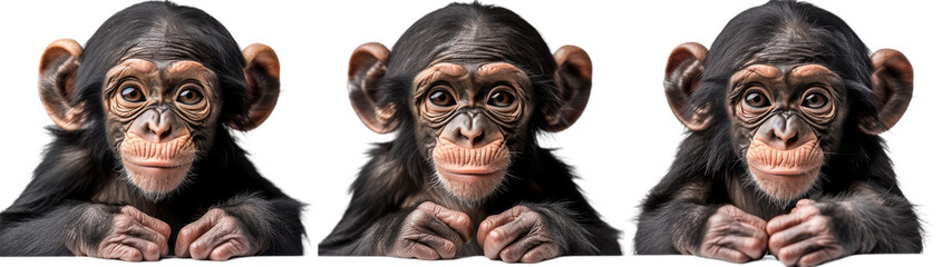 Three Adorable Chimpanzee Infants Posing on White Background