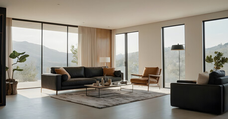 Relax in a modern living room with the soothing presence of nature, complete with large windows and patio access for natural light