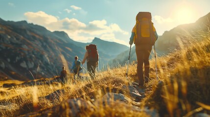 Three hikers with backpacks trek along a mountain path as the sun sets behind rugged peaks, capturing a sense of adventure and exploration