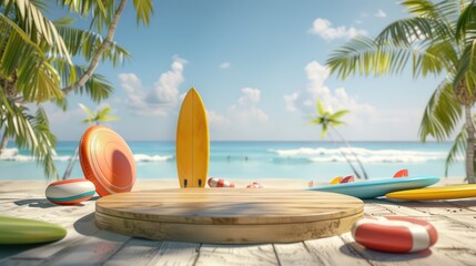 Obraz premium Emphasize the fun of beach games and activities with a photo featuring a wooden podium displaying summer sports products like frisbees, volleyball sets, and surfboards.