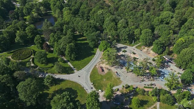 Flying over Plikta playground in Slottsskogen city park and to the left is the Slottsskogen Labyrinth in Gothenburg, Sweden