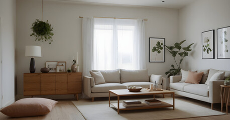 Fototapeta premium Relaxing in a bright and airy living room decorated with minimalist furniture and lush green plants
