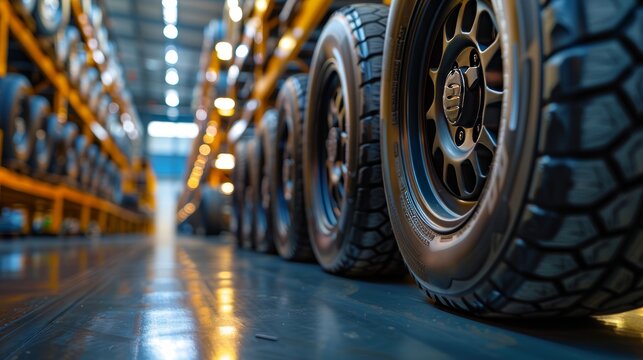 Close-up of perfectly aligned new car tires, bright warehouse, isolated background, studio lighting