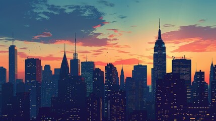 Fototapeta premium A striking city silhouette with towering skyscrapers against the evening sky, capturing the essence of urban life and architecture