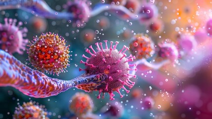 An intricate 3D illustration of a virus particle inside a human cell, showcasing the infection process.