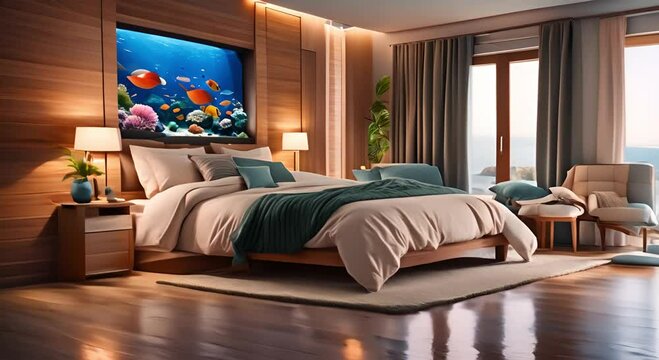 Cozy bedroom with a large aquarium on the wall and colorful fish