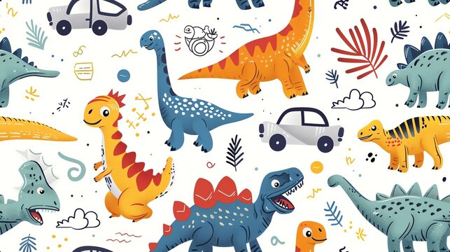 Seamless pattern of hand-drawn cartoon dinosaurs and toy cars, creating a vibrant and adventurous look for kids