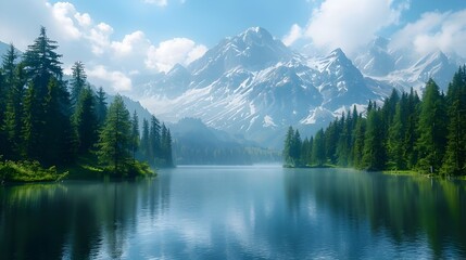 Serene Alpine Lake Surrounded by Towering Pine Trees and Majestic Snow Capped Mountains