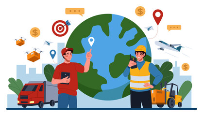 Cargo export. Delivery service. Global import tracking. Freight storage. International logistics. Transportation icons. People on warehouse. Plane and truck traffic infographic. Vector tidy concept