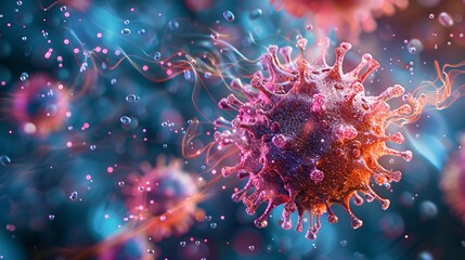 Fototapeta premium A dynamic 3D illustration of a virus particle being targeted by antiviral drugs, representing the process of medical intervention in biology.