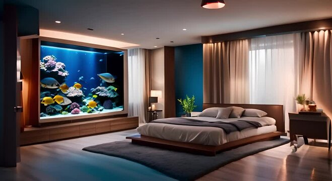 Cozy bedroom with a large aquarium on the wall and colorful fish