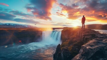 Showcase the natural wonders of Iceland with an image showcasing the stunning waterfall under a...