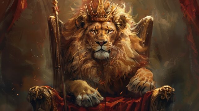 The lion king wears a crown and scepter sitting on a royal chair. generative AI image