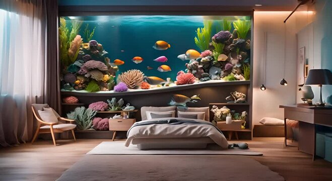 Cozy bedroom with a large aquarium on the wall and colorful fish