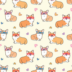 Obraz premium Seamless Pattern with Cute Cartoon Corgi Dog and Heart Design on Light Yellow Background
