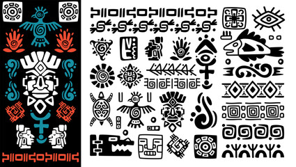 Tribal pattern. African silhouette print. Ethnic border. Ancient tribe. Aztec and Mayan graphic. Mexican shapes. Mexico or Peru decorations. Inca texture. Navajo elements. Vector tidy ornaments set