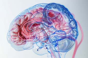 Detailed 3D rendering of the human brain anatomy highlighting the vascular system with red arteries and blue veins against a white background.