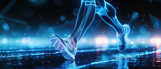 Futuristic digital illustration of human leg bones in motion, symbolizing advanced biomechanics and sports technology