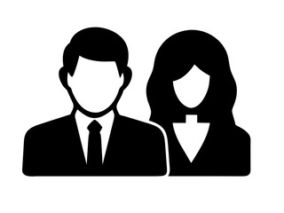 A vector illustration depicting male and female face silhouettes or icons, serving as avatars or profiles for unknown or anonymous individuals. The illustration portrays a man and a woman portrait.
