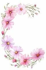 Fototapeta premium cosmos themed frame or border for photos and text. with delicate pink and white flowers. watercolor illustration, white color background. 