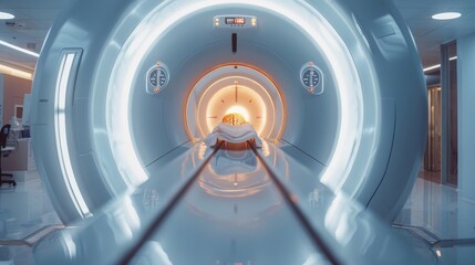 Close-up of advanced MRI scanner, cutting-edge medical equipment, detailed brain scan, future technology, advertising concept
