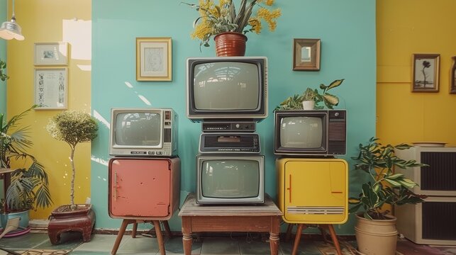 Classic old TV sets in a variety of bright, retro hues, contrasted with a gentle pastel-colored wall, creating a striking visual harmony