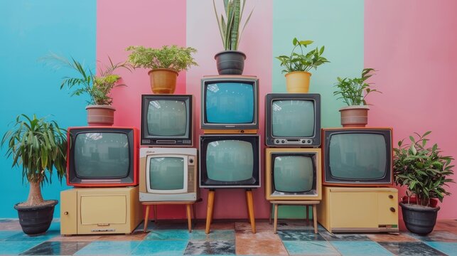 Classic old TV sets in a variety of bright, retro hues, contrasted with a gentle pastel-colored wall, creating a striking visual harmony