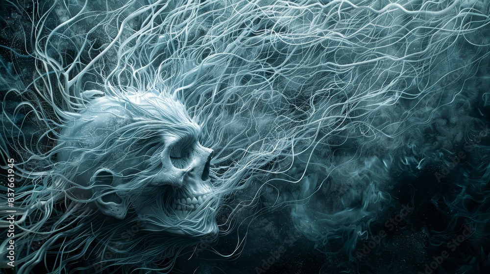 Wall mural a painting of a skull with hair flowing in the wind against a dark backdrop smoke emerges from the s - Wall murals