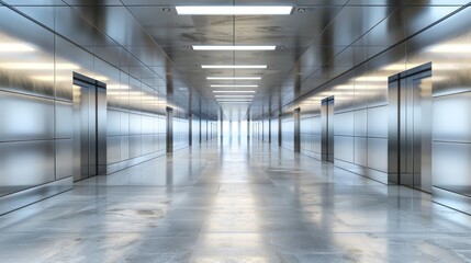  A long hallway in a building houses a skylight at its endpoint and a series of doors aligned at the end, granting access to adjacent rooms