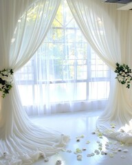 Radiating elegance in a flowing gown, the bride holds her bouquet close as she stands beside her groom on their wedding day