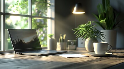 Fototapeta premium Sleek and Productive Office Workspace with Laptop and Coffee