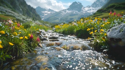 Majestic Rocky Mountain Landscape with Flowing Stream and Blooming Wildflowers Evoking a Sense of Natural Serenity and Wonder