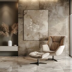 Beige lounge chair in modern living room with marble wall and abstract poster in minimalist design