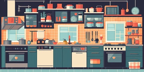 Kitchen interior flat vector illustration style.