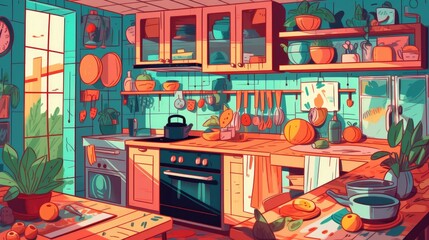 Kitchen interior flat vector illustration style.
