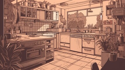 Kitchen interior flat vector illustration style.