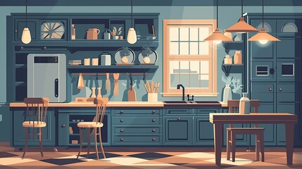 Kitchen interior flat vector illustration style.