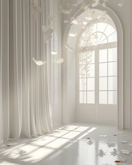 Empty, light-filled room with a large stained glass window suggests a church interior