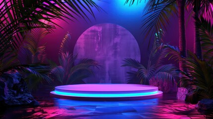 Emphasize the tropical vibe of your brand with an image showcasing a 3D rendering of an empty podium or pedestal set amidst palm trees and vibrant neon lights on a dark background.