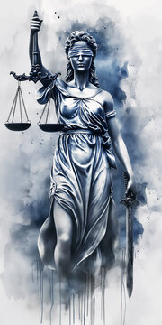 Themis, Goddess of Justice, Stands Tall Amidst a Watercolor Storm