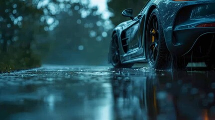  A blue sports car sits parked by the side of a rain-soaked road, surrounded by trees in the background A puddle of water forms in the foreground