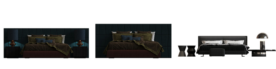 double bed isolated on a transparent background, furniture for the bedroom interior, 3D illustration, cg render