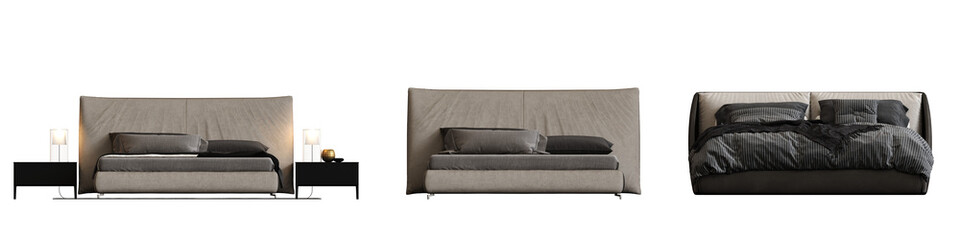 double bed isolated on a transparent background, furniture for the bedroom interior, 3D illustration, cg render