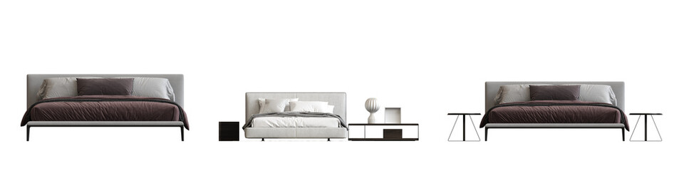double bed isolated on a transparent background, furniture for the bedroom interior, 3D illustration, cg render